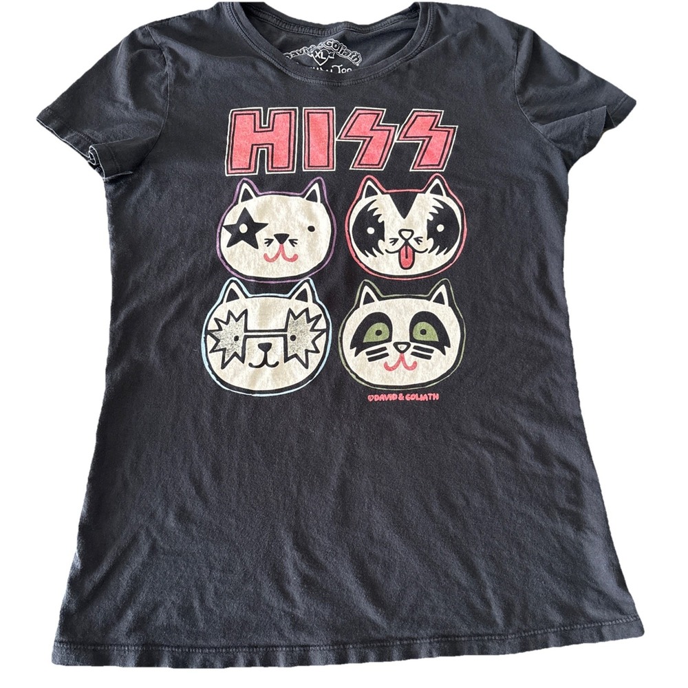 David & Goliath Hiss Funny Cats Kittens Rock Rockin T-shirt Juniors XL VTG Y2K